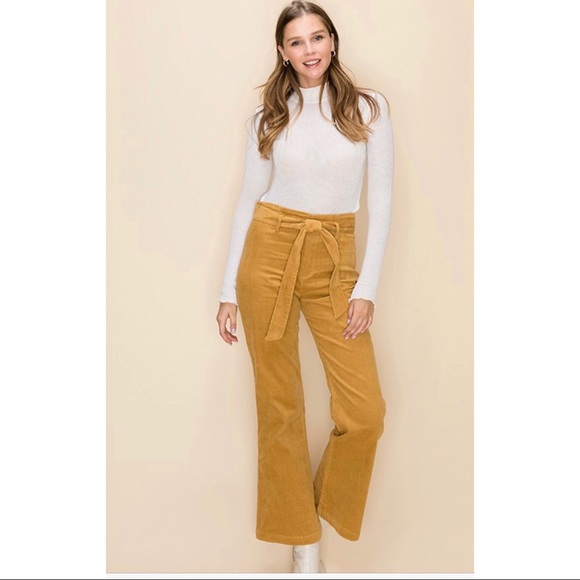 Mustard paper bag cotton corduroy boot leg pants - Picture 2 of 6